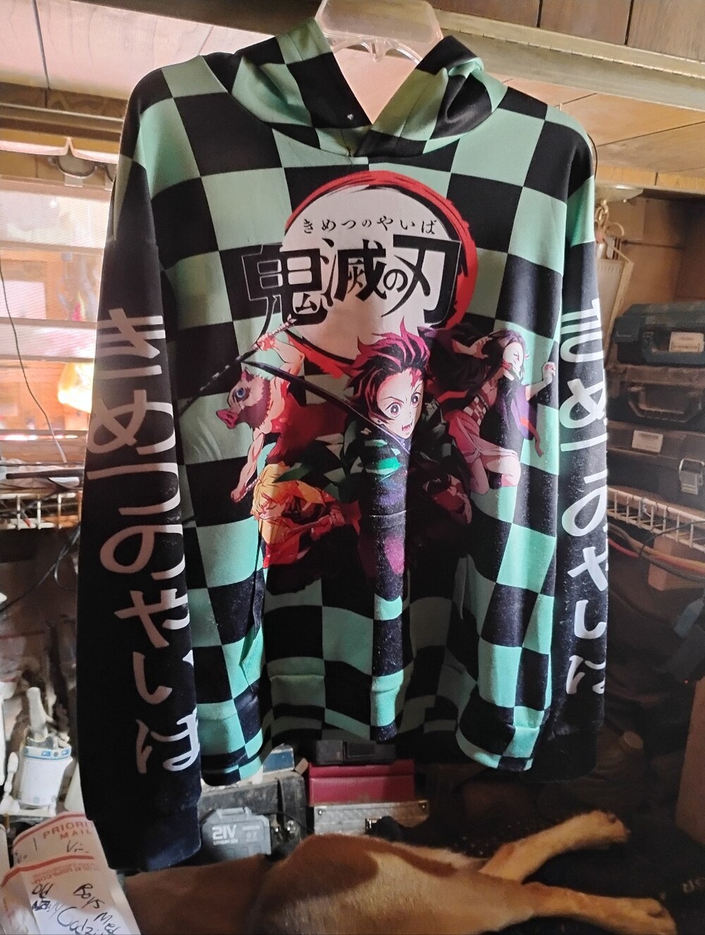 Demon Slayer Anime Green Black Checkered Board Mens XL Hoodie NO DRAWSTRING/TAGS